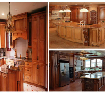 کابینت کلاسیک قهوه‌ایی چوبی با متریال سنتی و ترکیب با سنگ