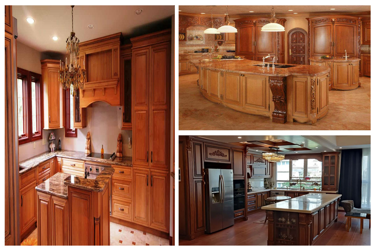 کابینت کلاسیک قهوهایی چوبی با متریال سنتی و ترکیب با سنگ