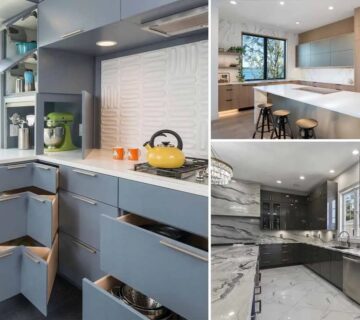 کابینت های مدرن مشکی و کرمی و آبی با دستگیره های خطی و نورپردازی سقفی و ترکیب با سنگ مرمر و رنگ سفید