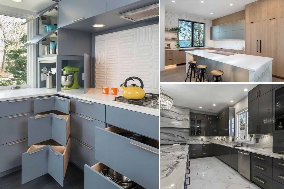 کابینت های مدرن مشکی و کرمی و آبی با دستگیره های خطی و نورپردازی سقفی و ترکیب با سنگ مرمر و رنگ سفید