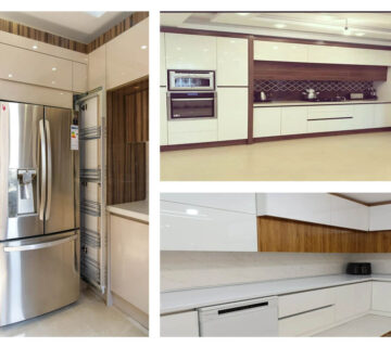 انواع تاج کابینت هایگلاس سفید و قهوه‌ایی با طرح چوب