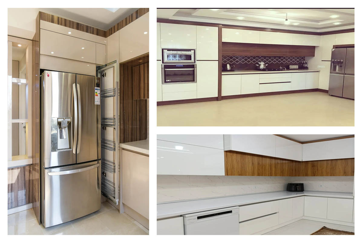 انواع تاج کابینت هایگلاس سفید و قهوه‌ایی با طرح چوب