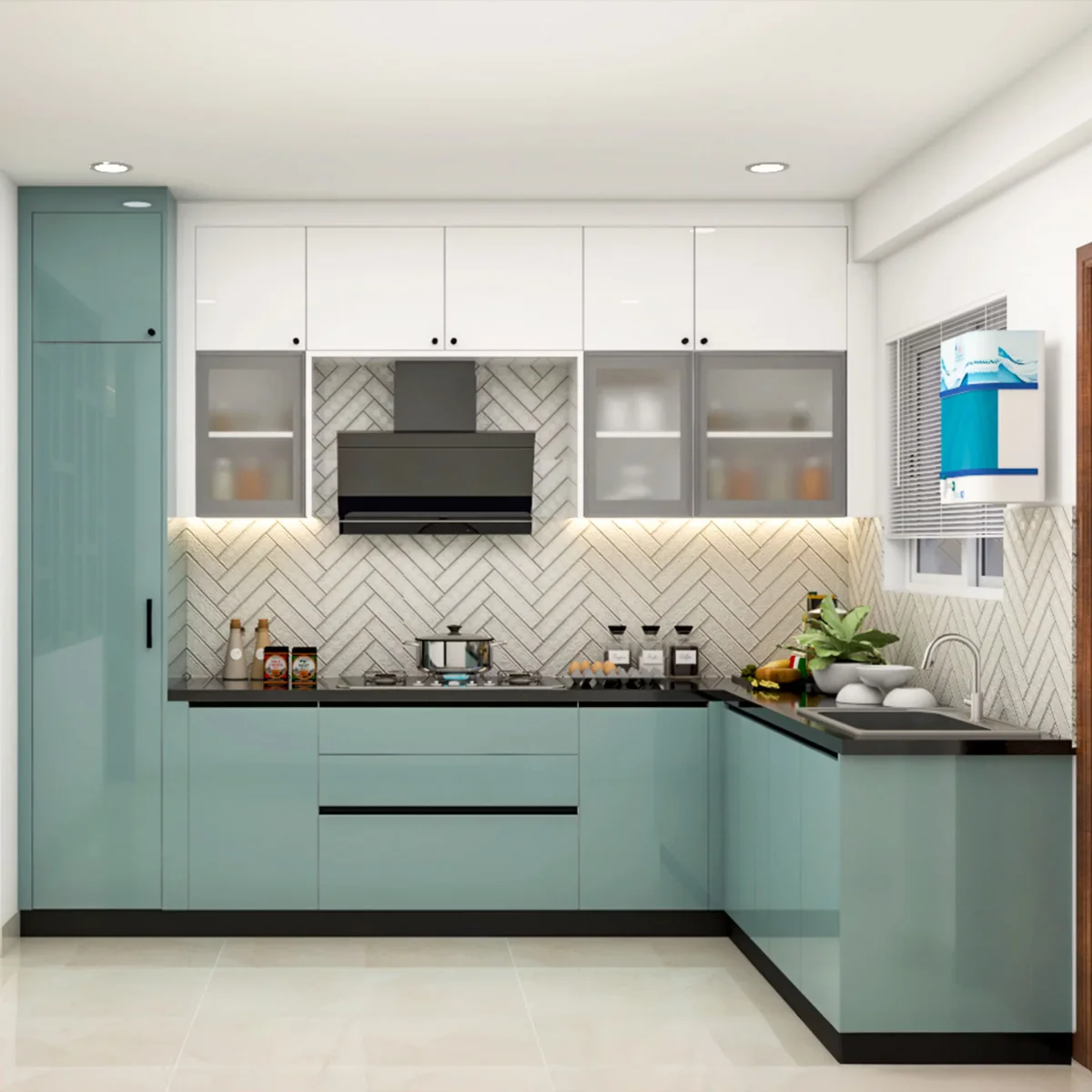 کابینت هایگلاس بدون دستگیره مدرن سفید آبی با درب ویترینی مات