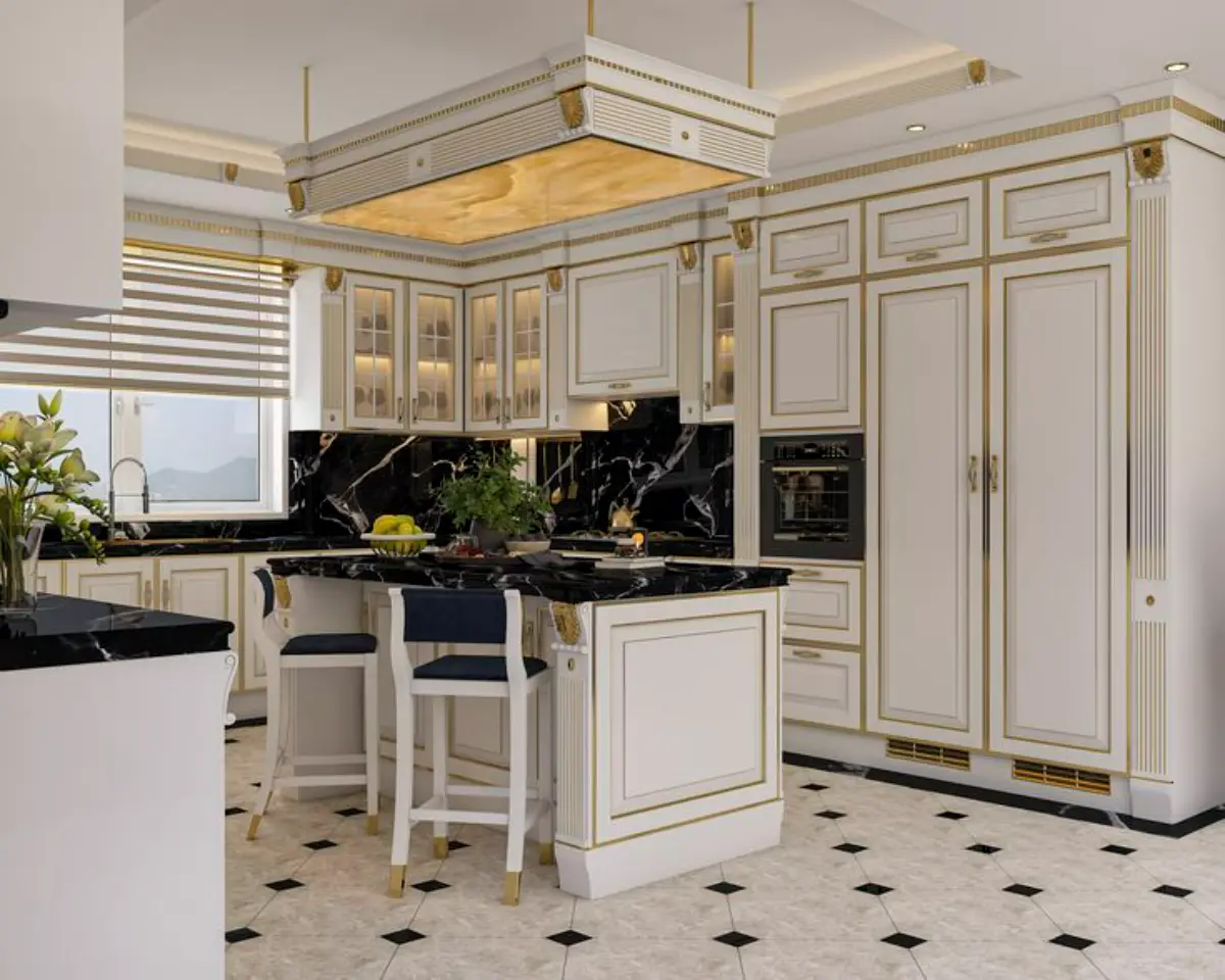 کابینت و جزیره کلاسیک سفید طلایی