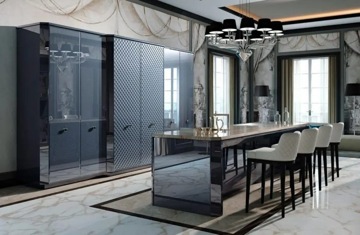 کابینت پولیشی طوسی کمدی با میز ناهارخوری طوسی براق