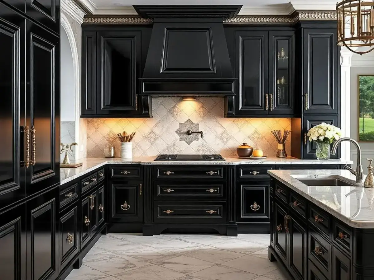 کابینت ممبران مشکی براق با دستگیره های طلایی کلاسیک