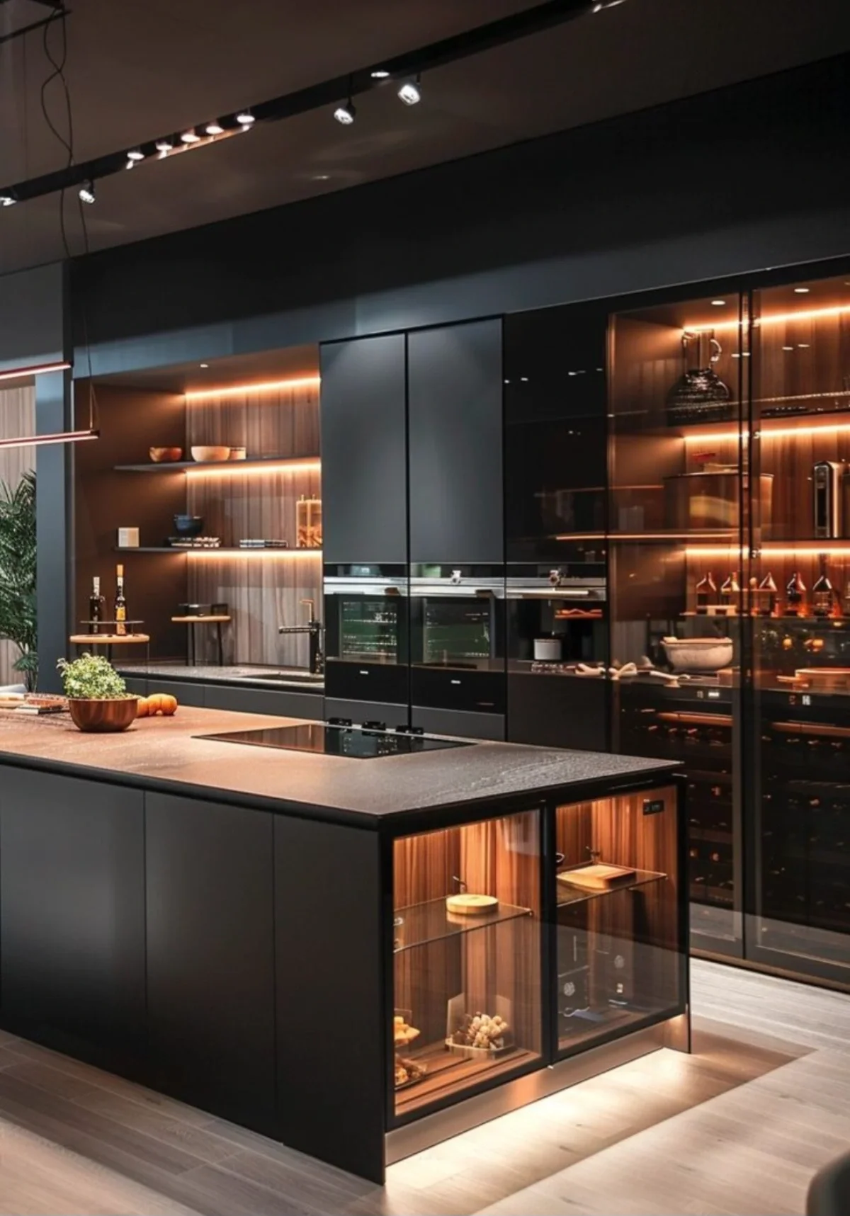 جزیره کابینت مدرن ویترینی مشکی مات با نورپردازی داخلی