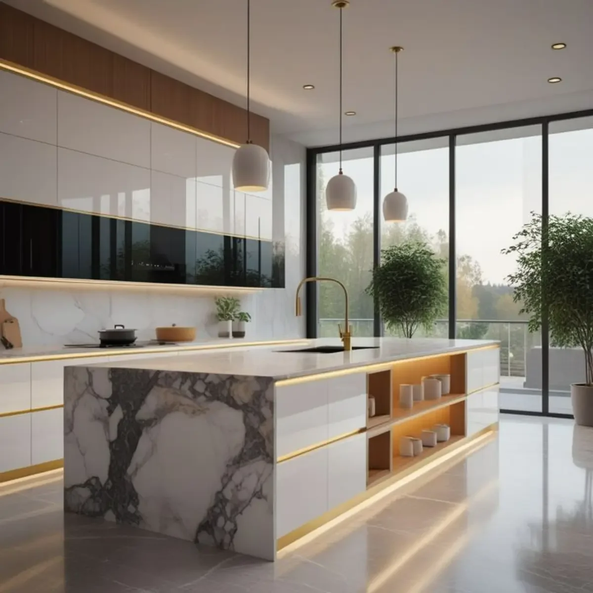 جزیره شلف‌دار مدرن سفید و سنگی با نورپردازی