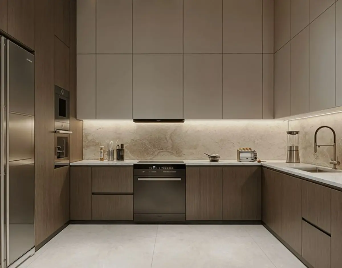 کابینت مدرن قهوه‌ای و چوبی بدون دستگیره