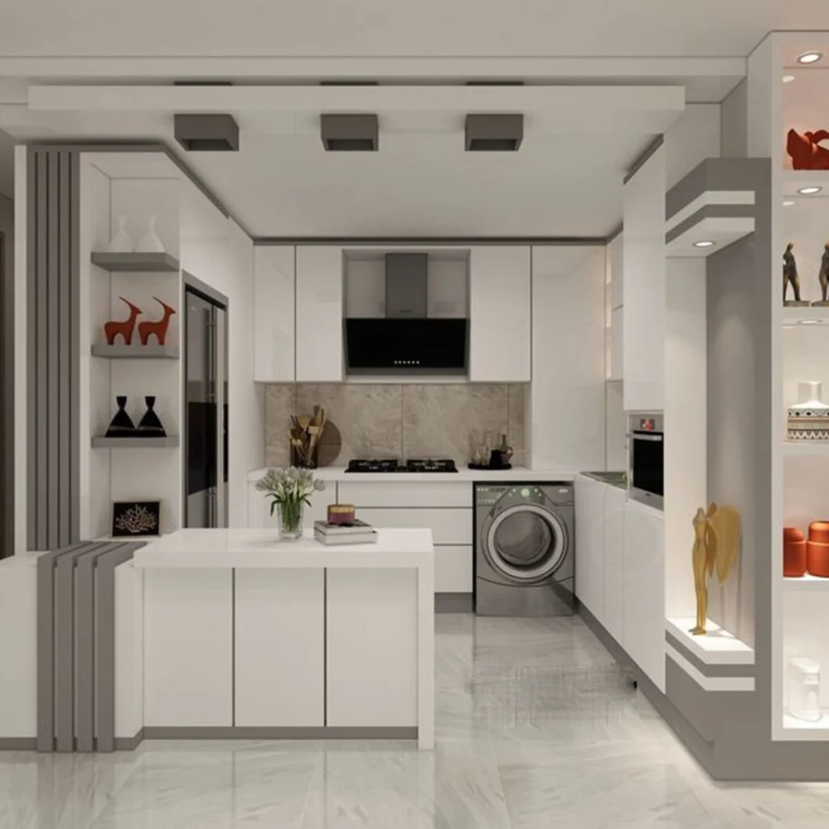 مدل جزیره کابینت مدرن L شکل سفید و طوسی