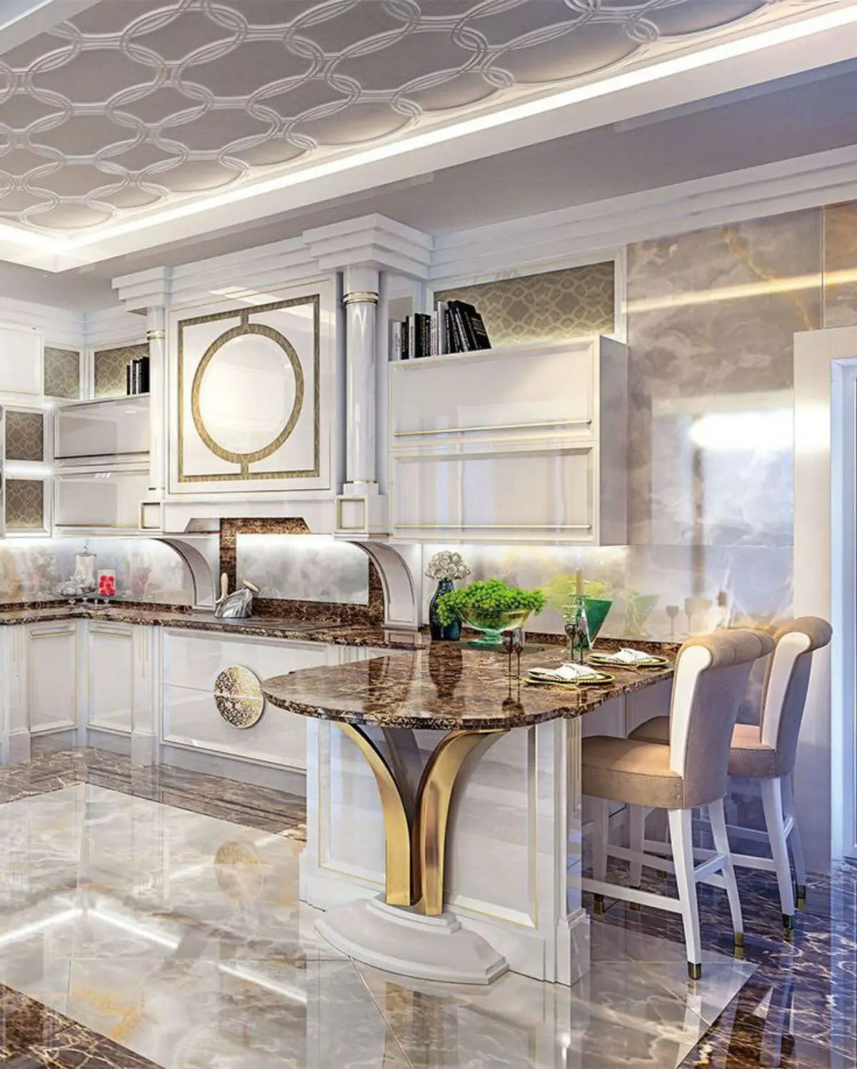 کابینت پولیشی سفید طلایی کلاسیک با میز ناهارخوری سفید طلایی