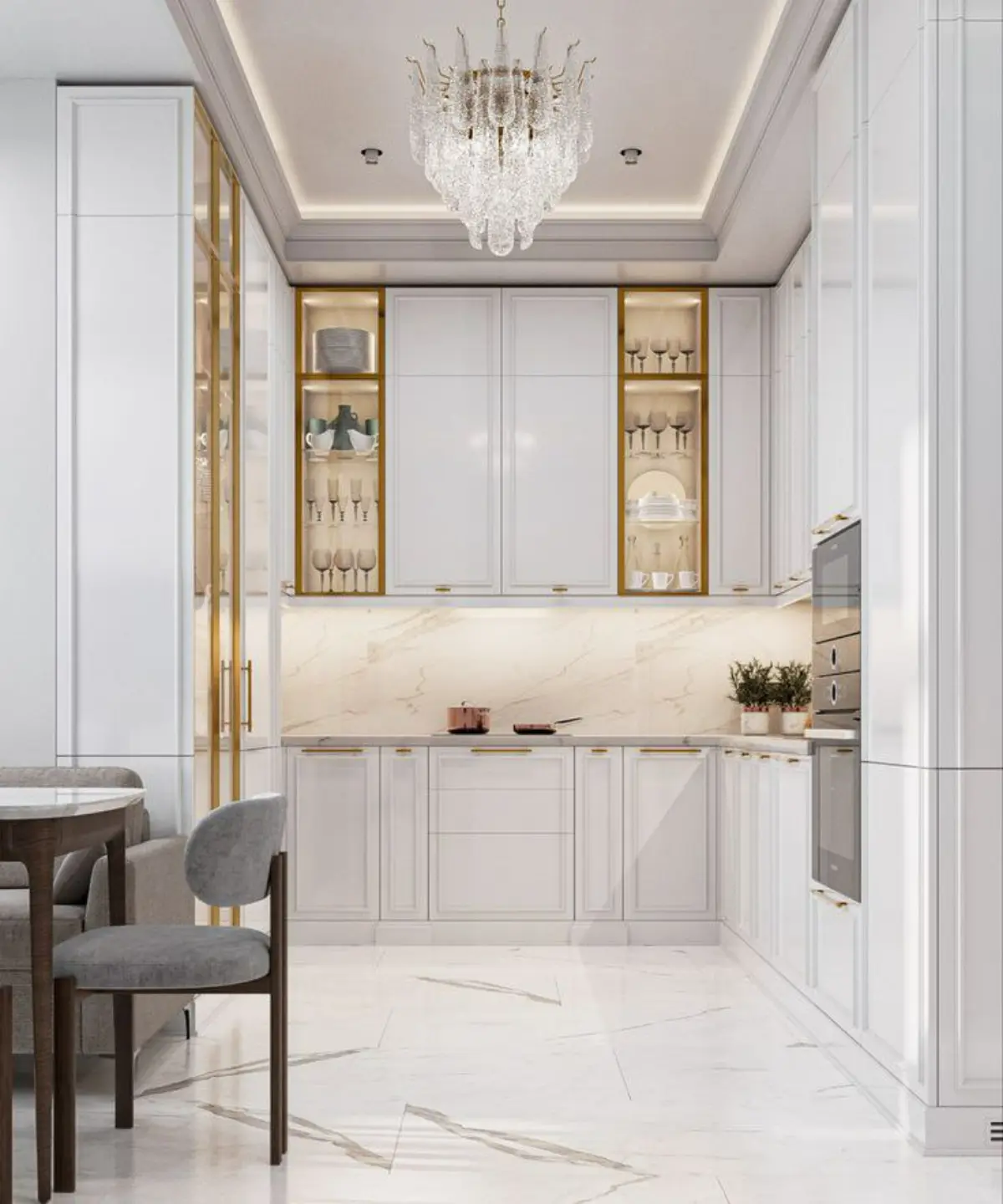 کابینت پولیشی سفید براق با درب ویترینی