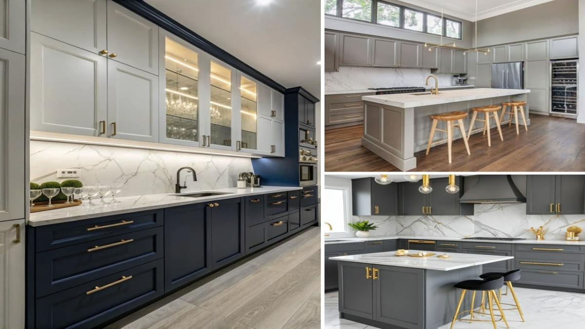 نمونه‌هایی از کابینت پلی اورتان سفید آبی، طوسی و طوسی روشن