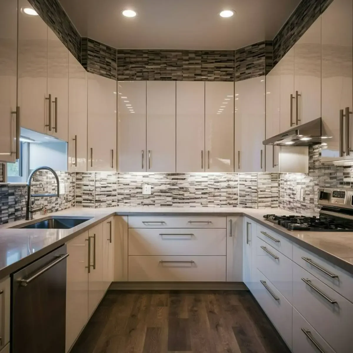 کابینت هایگلاس سفید براق و دستگیره استیل ساده و صفحه سنگی