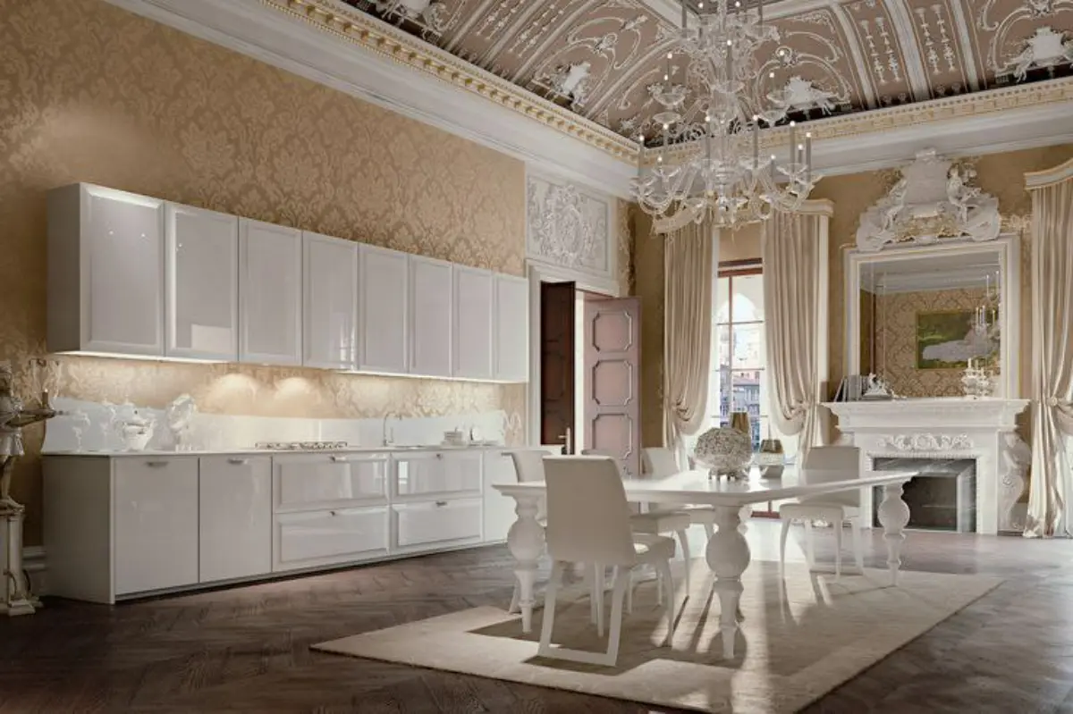 کابینت پولیشی سفید براق با میز ناهارخوری سفید و دستگیره های استیل