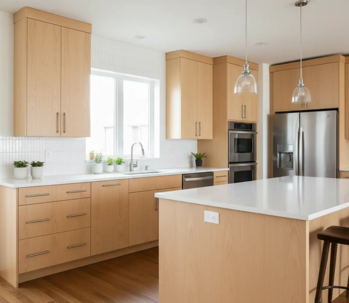 کابینت چوبی مدرن قهوهای روشن با دستگیره های استیل خطی