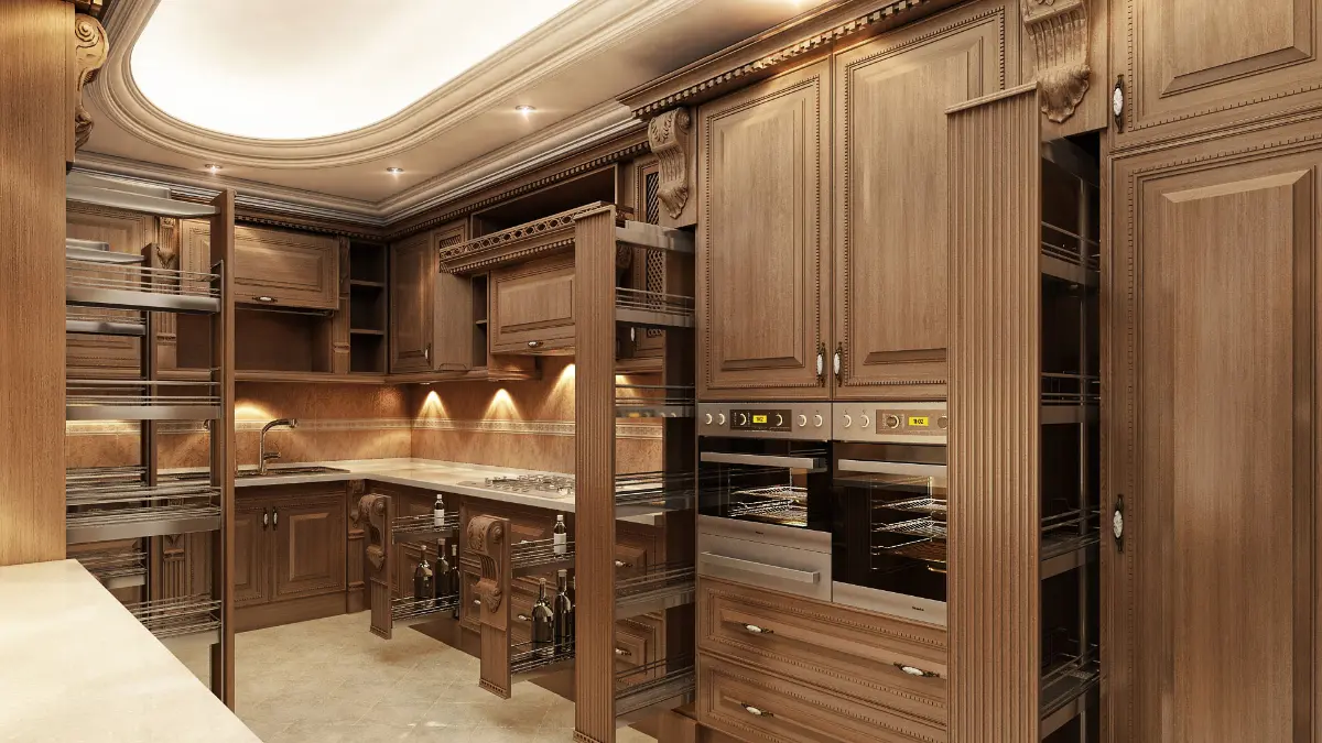 کابینت ممبران قهوه ایی با دستگیره های کلاسیک مسی