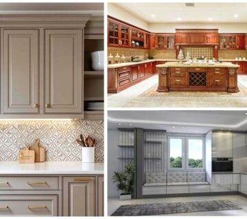 تصویر شاخص کابینت کلاسیک چوبی و طوسی و کابینت مدرن سفید براق