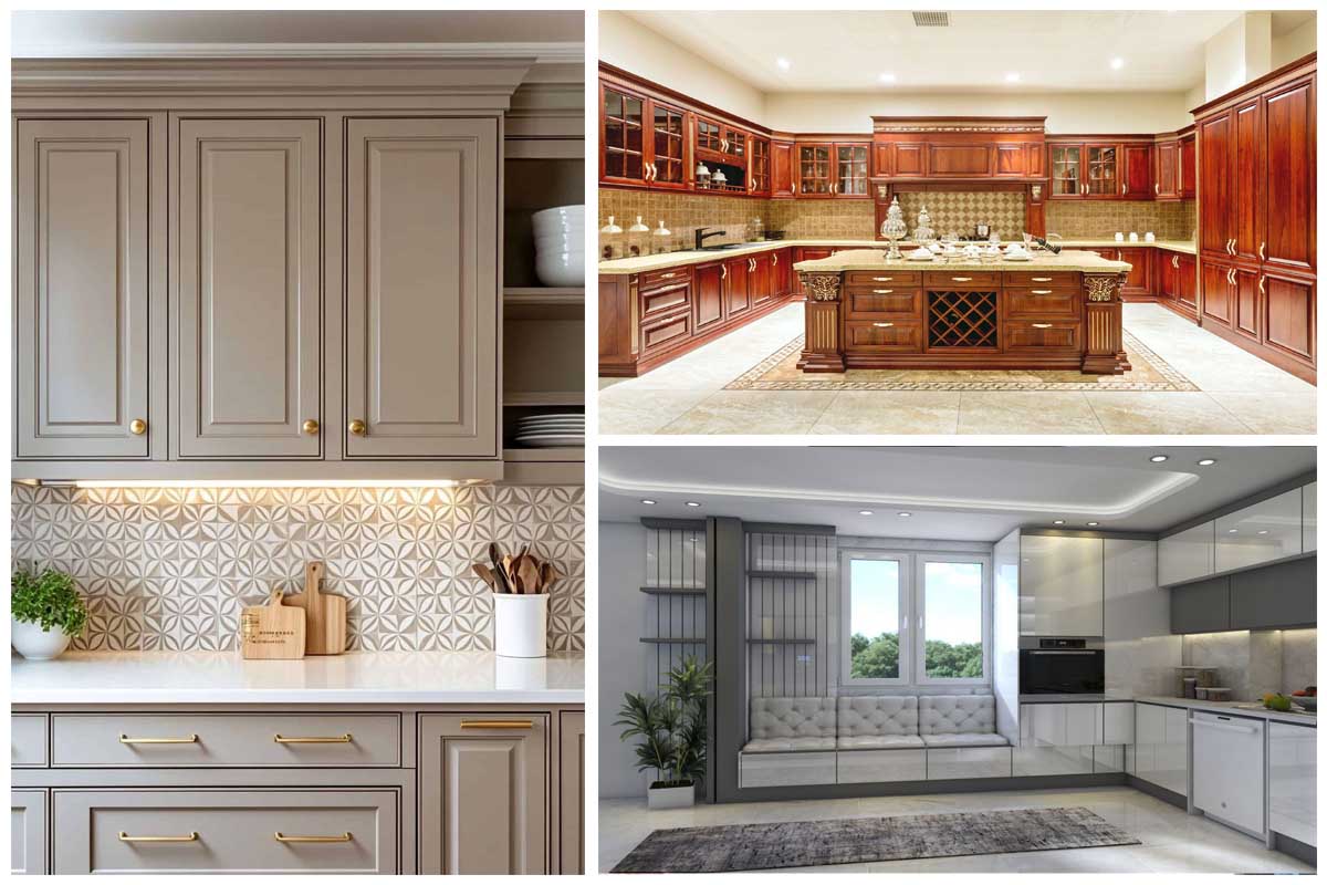 تصویر شاخص کابینت کلاسیک چوبی و طوسی و کابینت مدرن سفید براق