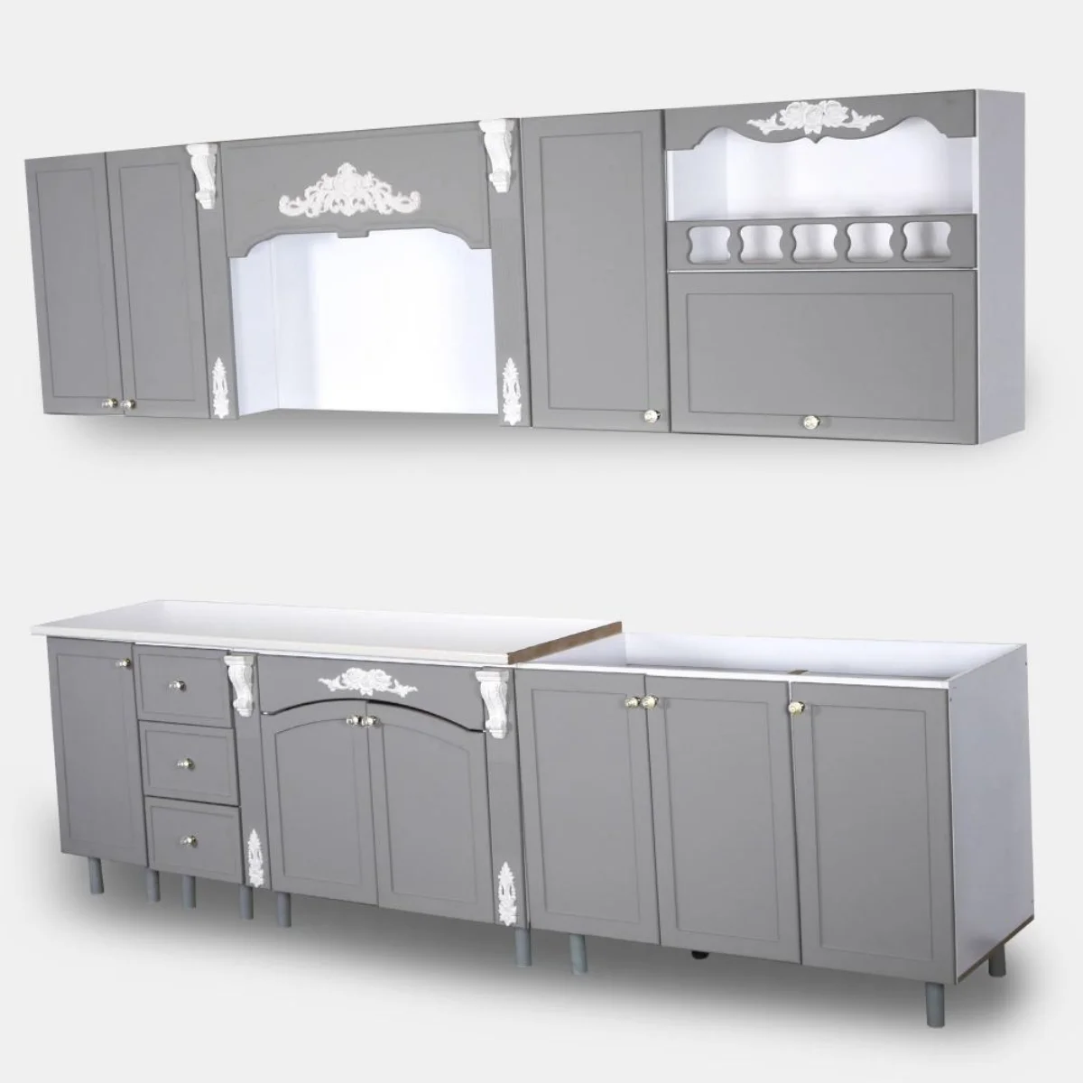 کابینت ممبران سلطنتی طوسی با دستگیره و منبت‌کاری سفید