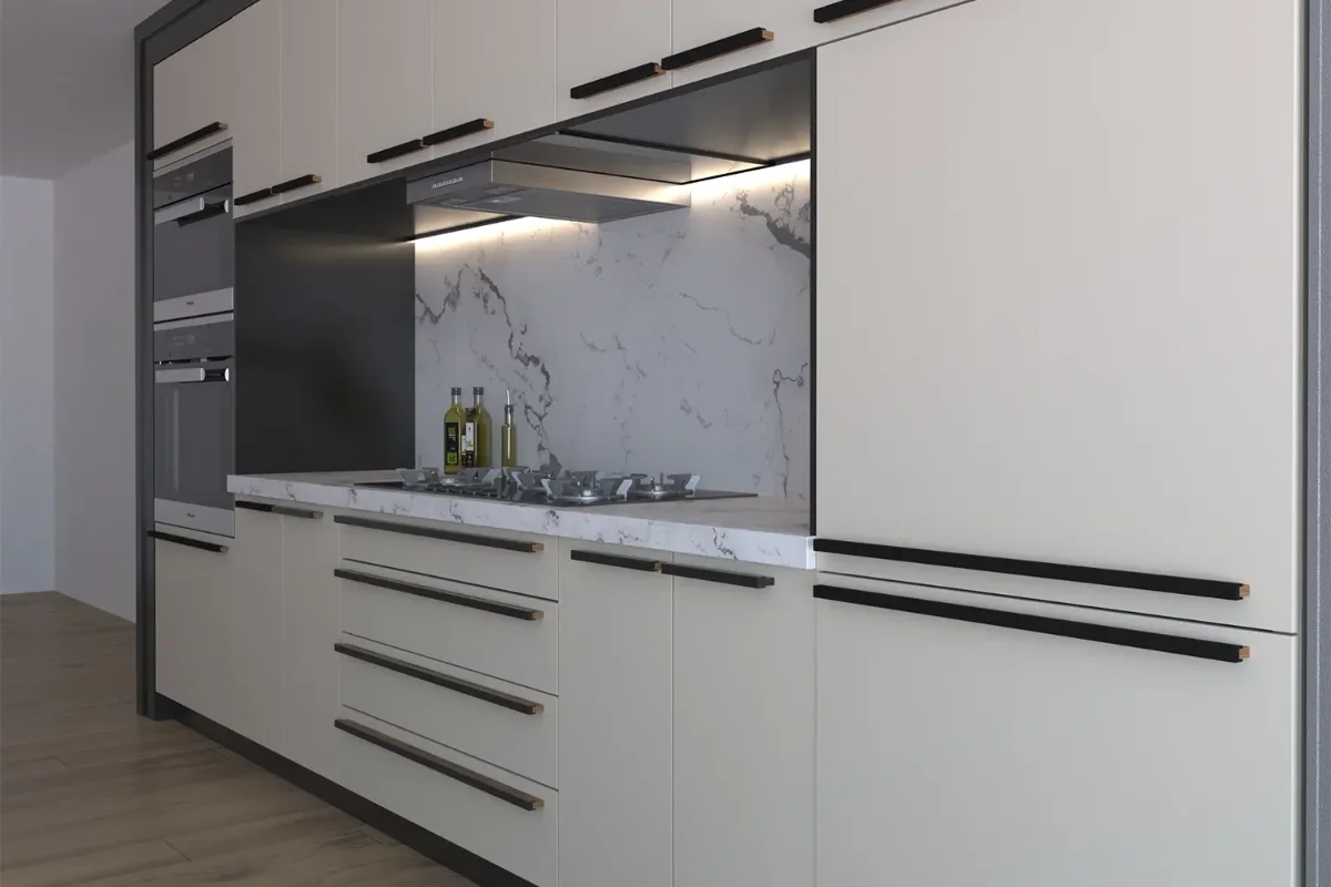 کابینت هایگلاس سفید با دستگیره مشکی