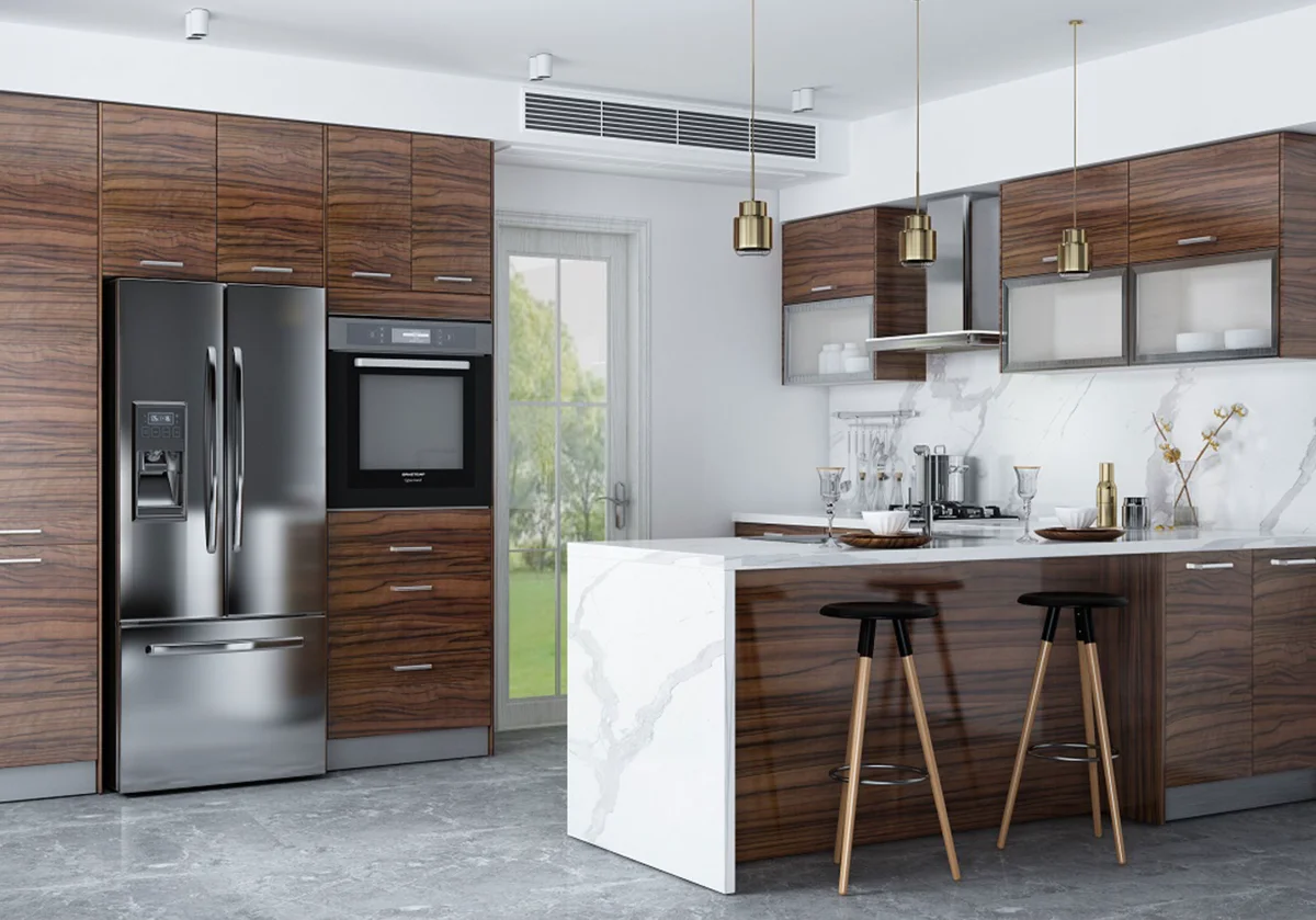 کابینت هایگلاس طرح چوب براق با دستگیره های استیل ساده