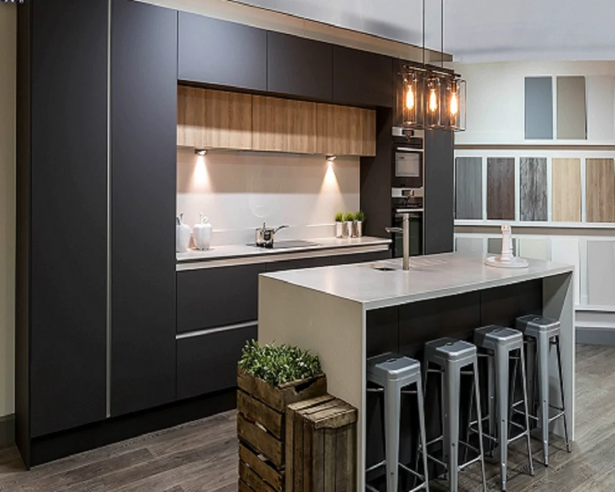 جزیره کابینت مدرن طوسی ساده با سینک تو کار