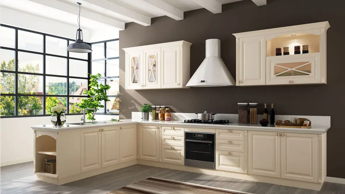 کابینت ممبران نئوکلاسیک بژ با دستگیره های طلایی