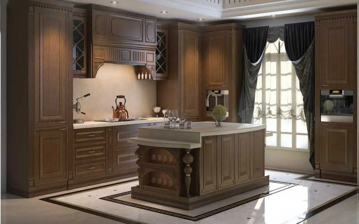 کابینت و جزیره ممبران قهوهای با دستگیره های برنجی