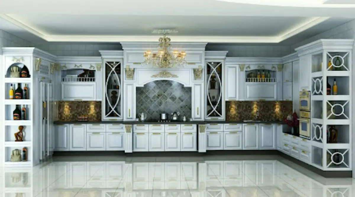 کابینت سفید طلایی ممبران با دستگیره های طلایی و شلف دکور