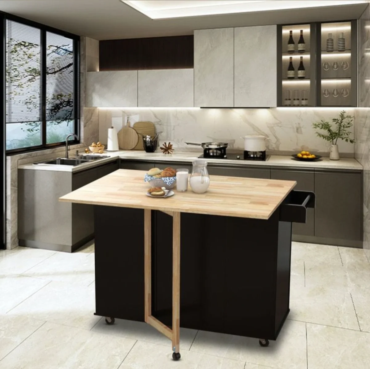 جزیره مدرن متحرک مشکی با صفحه کار طرح چوب