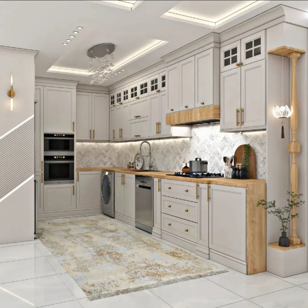 کابینت نئوکلاسیک استخوانی با ترکیب طرح چوب در آن و دستگیره های ساده فلزی