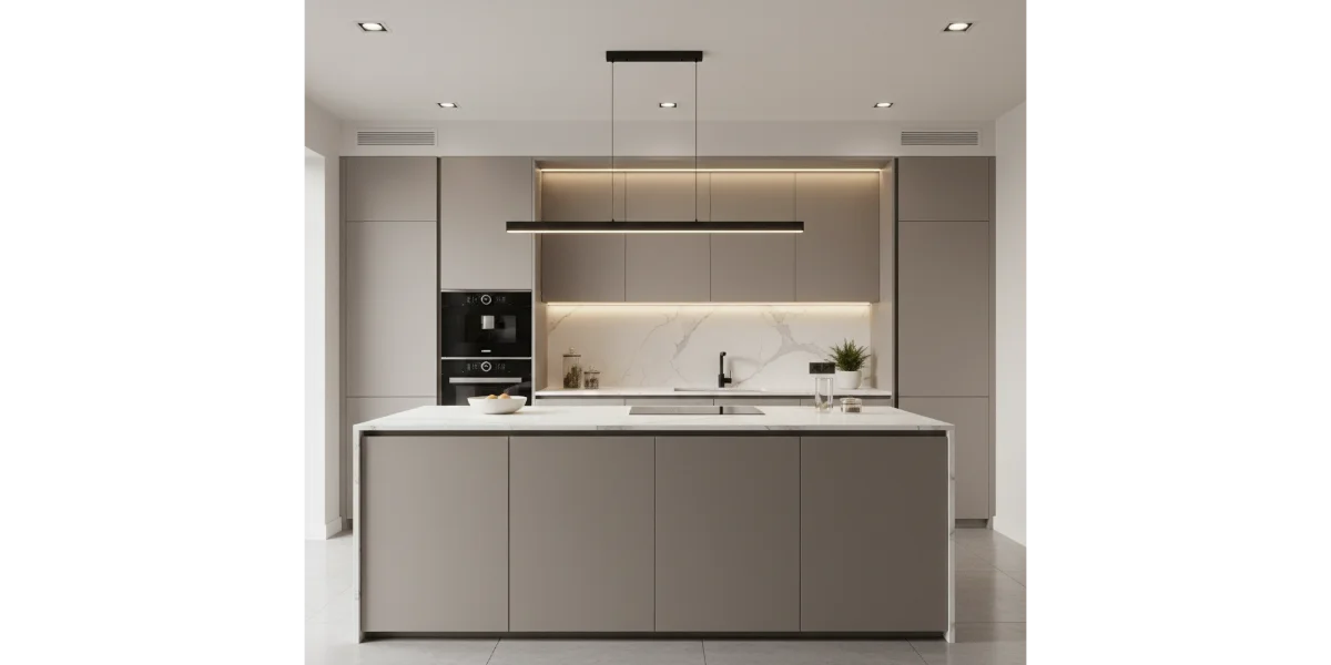 کابینت و جزیره هایگلاس مات کرم با بین‌کابینتی و صفحه کابینت سفید