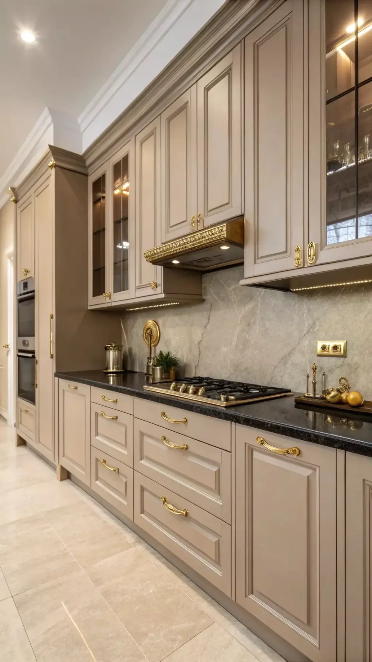 کابینت روکش چوب بژ با دستگیره و کاور هود طلایی و کابینت کمدی با فر توکار و کابینتهای ویترینی دیواری