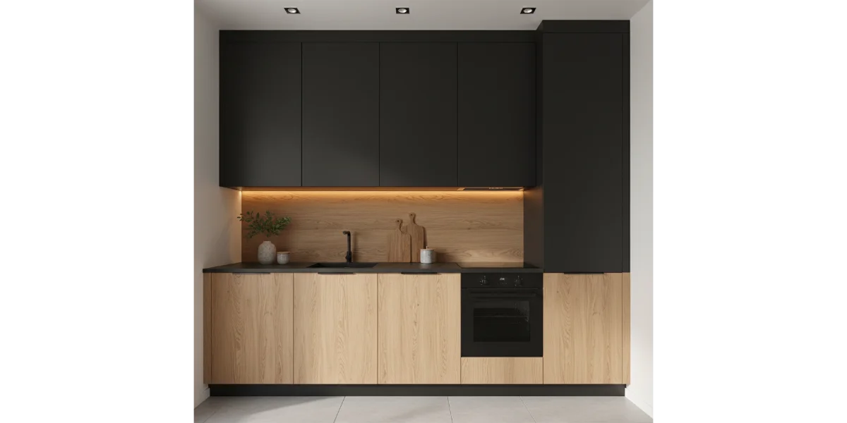 کابینت مات مشکی و چوب در آشپزخانه مدرن