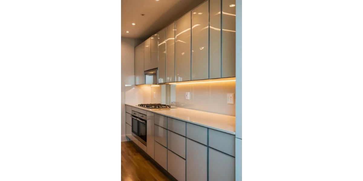 کابینت هایگلاس سفید براق با نورپردازی خطی