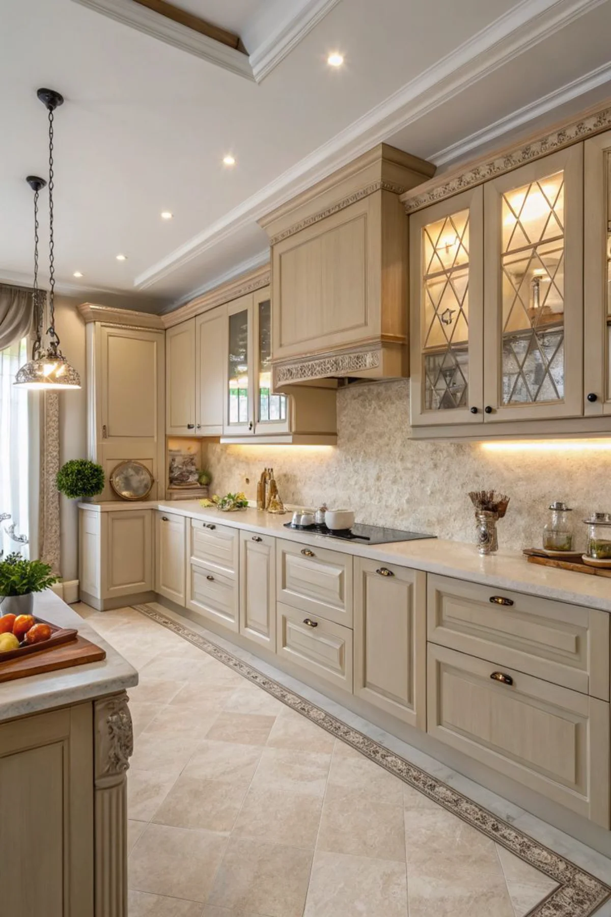 کابینت کلاسیک نسکافهای روکش چوب با منبت کاری کاور هود و اپن جزیره با دو کشو در زیر گاز مشکی