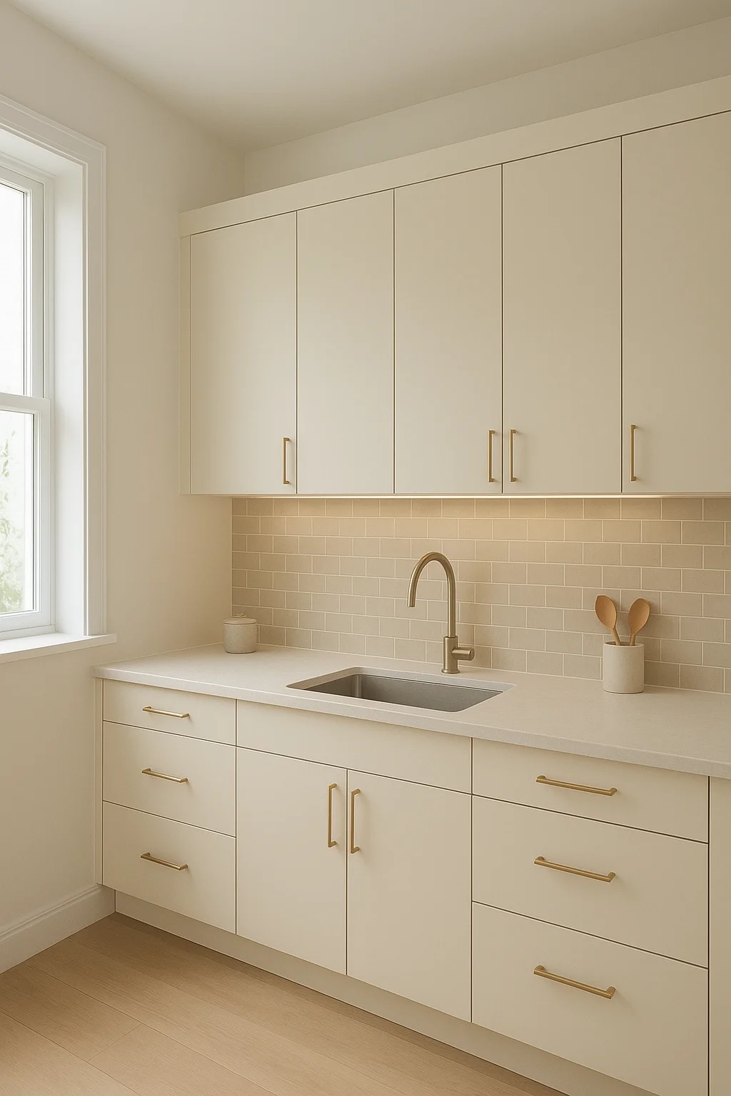 کابینت کرم با کاشی بین‌کابینتی قهوه‌ای روشن در آشپزخانه مدرن