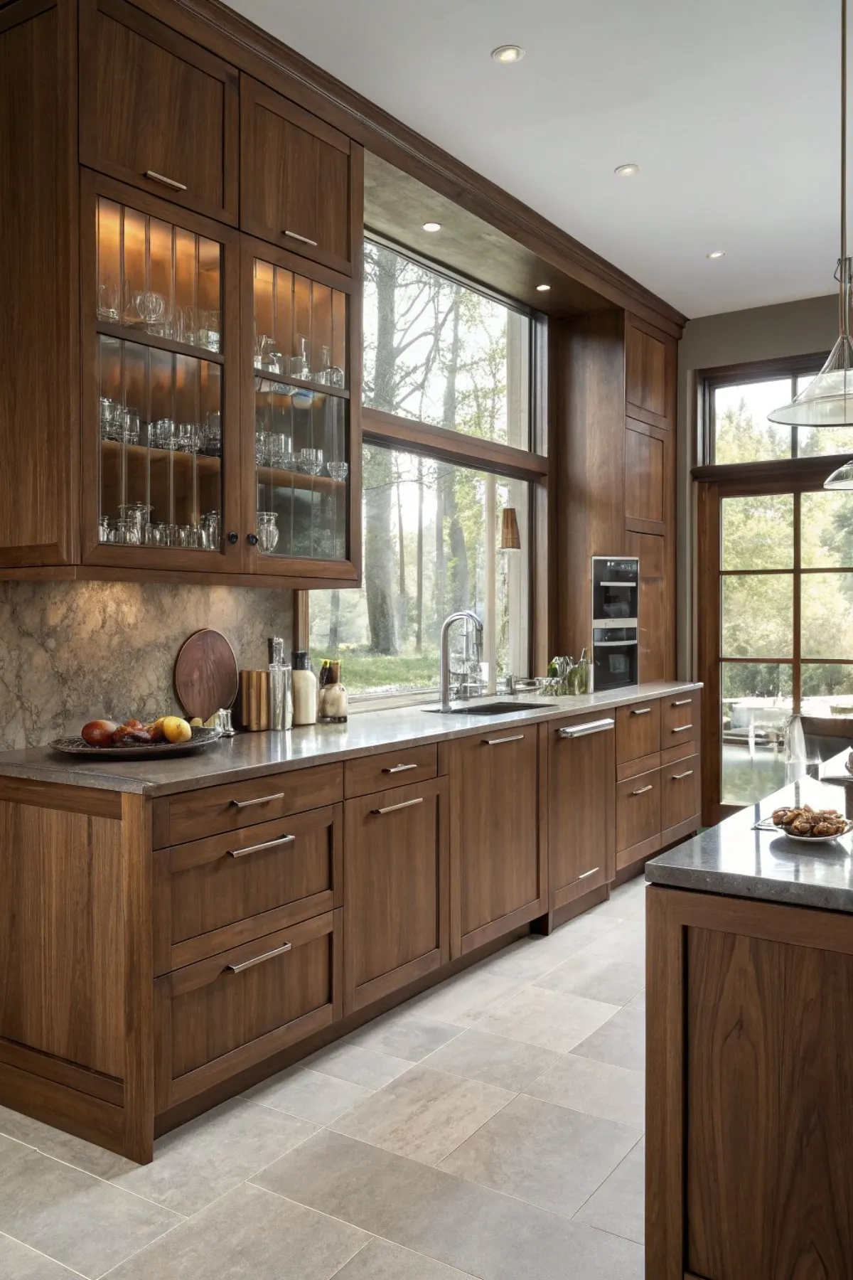 کابینت روکش چوب قهوهای تیره با پنجره و درب تمام شیشهای و کابینتهای ویترینی دیواری با نور پردازی داخلی