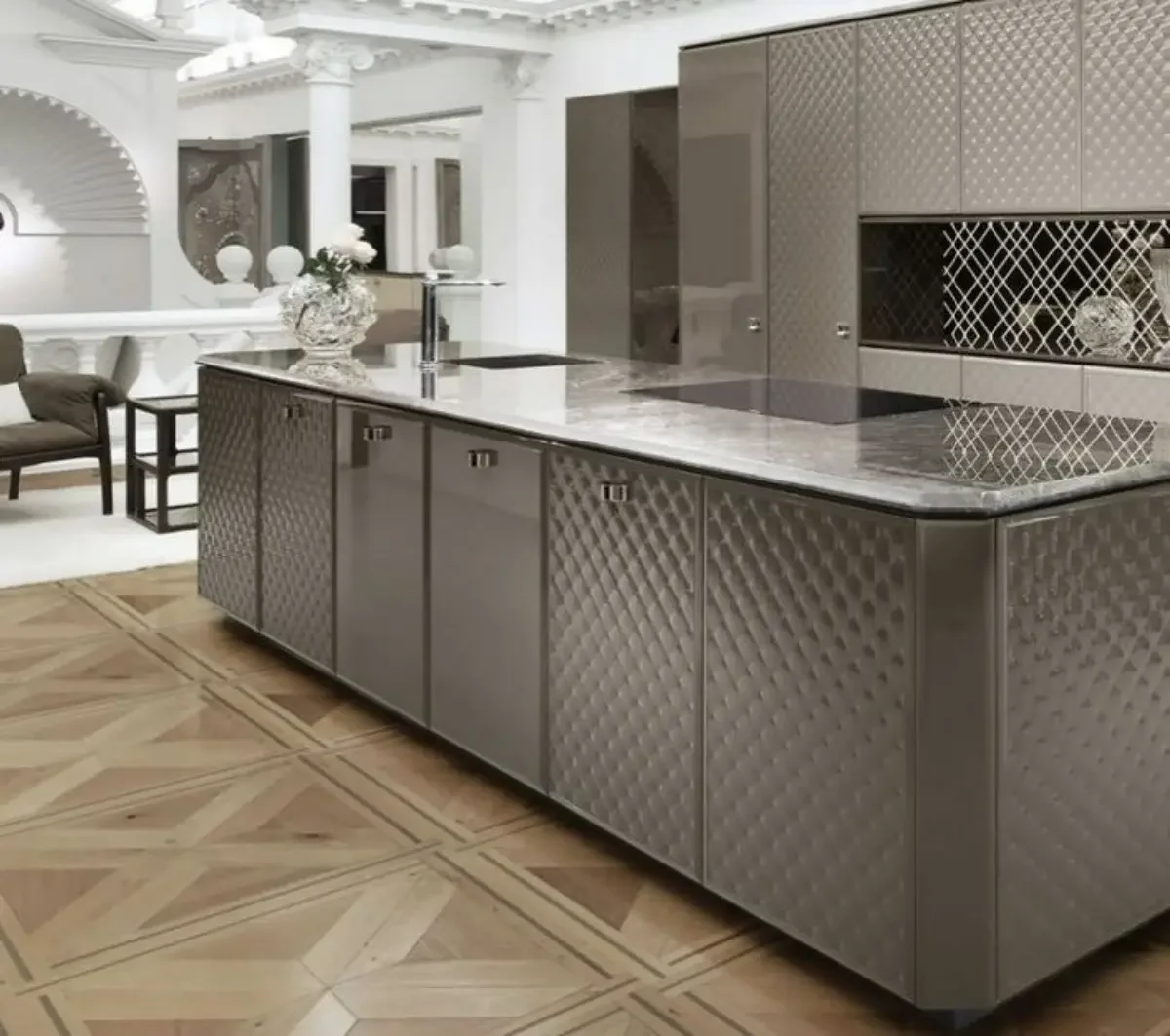 کابینت پولیشی طوسی طرحدار با دستگیره های ساده