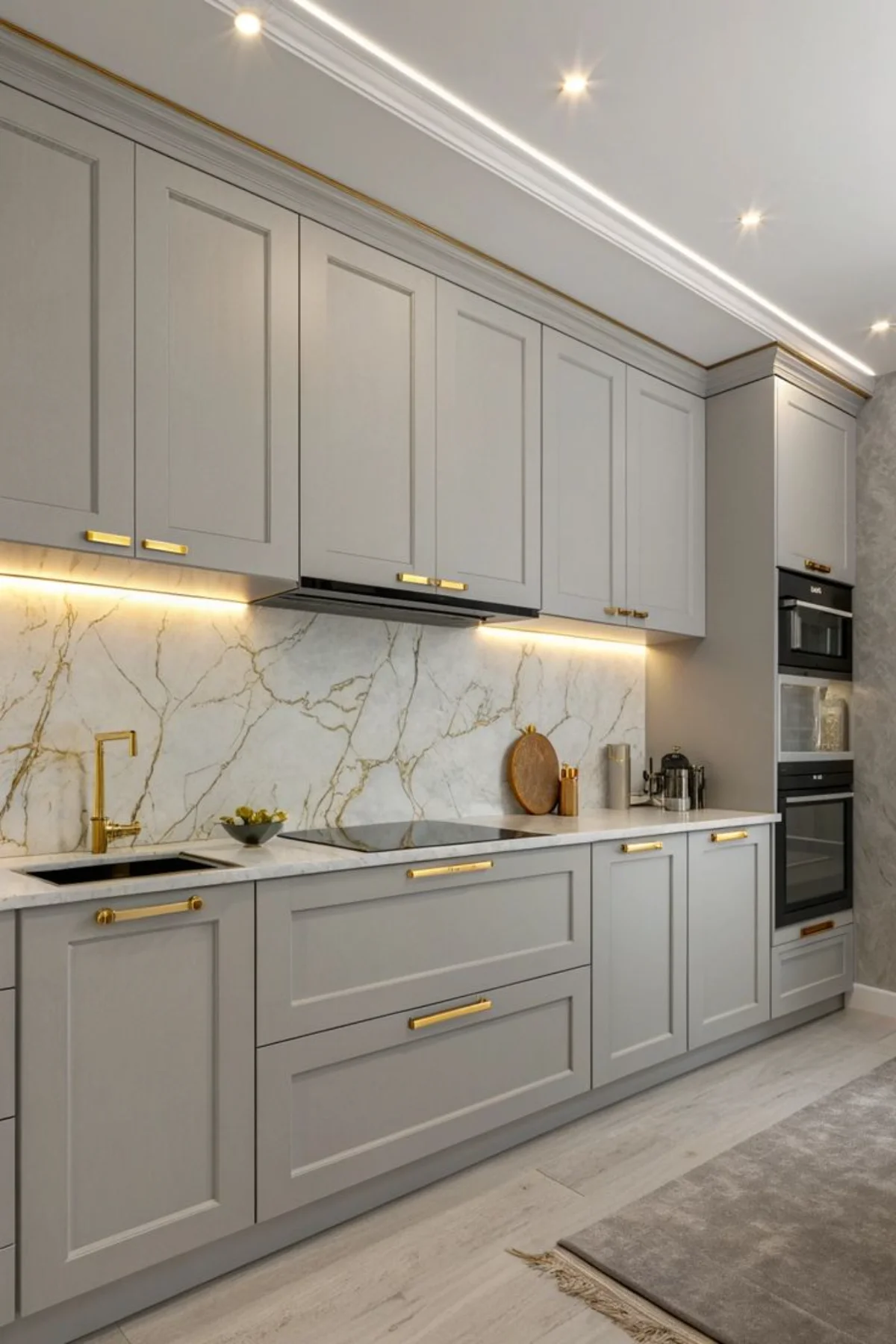 کابینت نئوکلاسیک روکش چوب طوسی روشن با دستگیرههای طلایی و کابینت کمدی کنار دیوار با با فر توکار