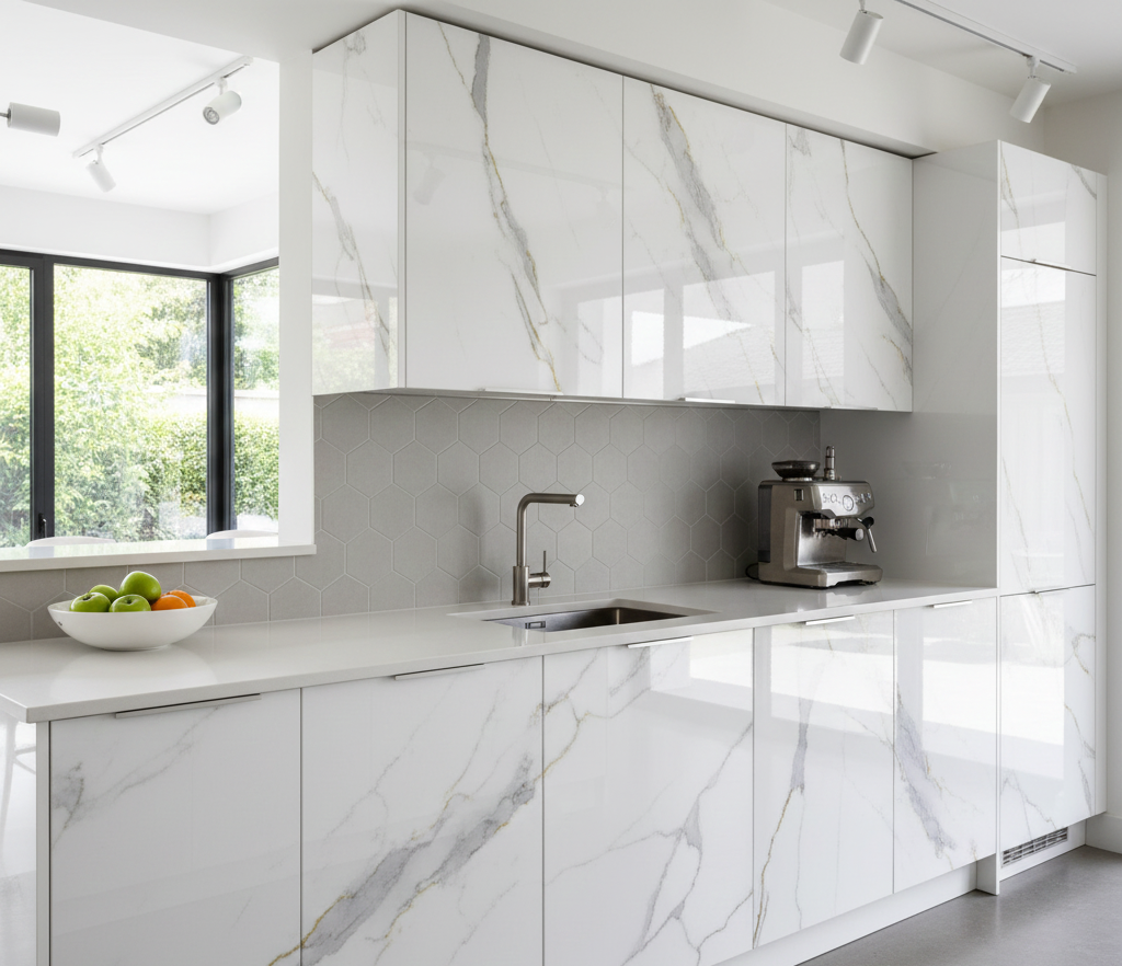 کابینت هایگلاس طرح مرمر سفید