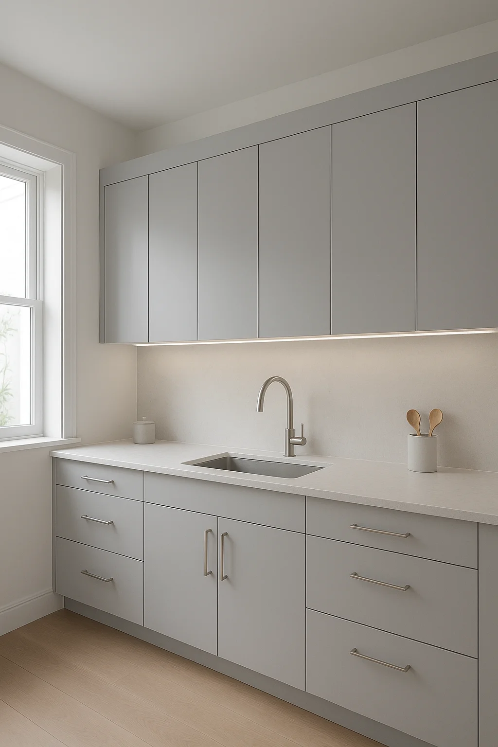 کابینت طوسی روشن با صفحه سفید و نور مخفی در آشپزخانه کوچک و مدرن