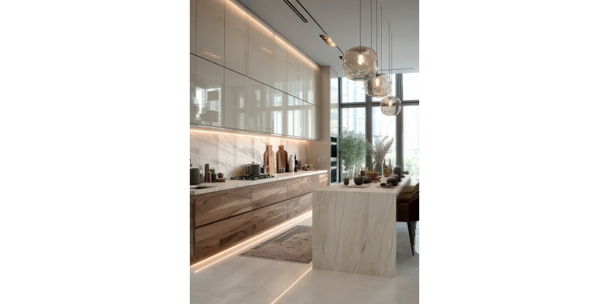 نمونه ترکیب کابینت ام دی اف و هایگلاس به همراه نور مخفی خطی زیر کابینت در آشپزخانه مدرن