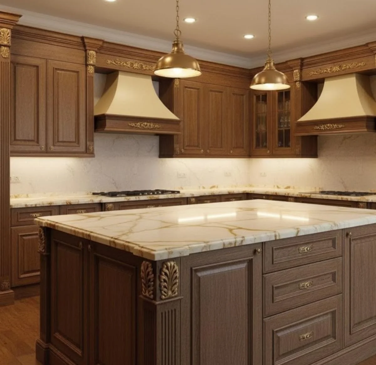 کابینت و جزیره ممبران گردویی تیره کلاسیک با صفحه کرم طلایی