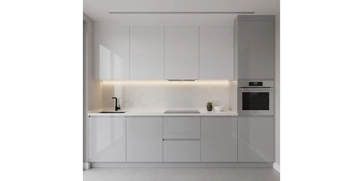  کابینت مدرن سفید – طوسی بدون دستگیره در آشپزخانه کوچک