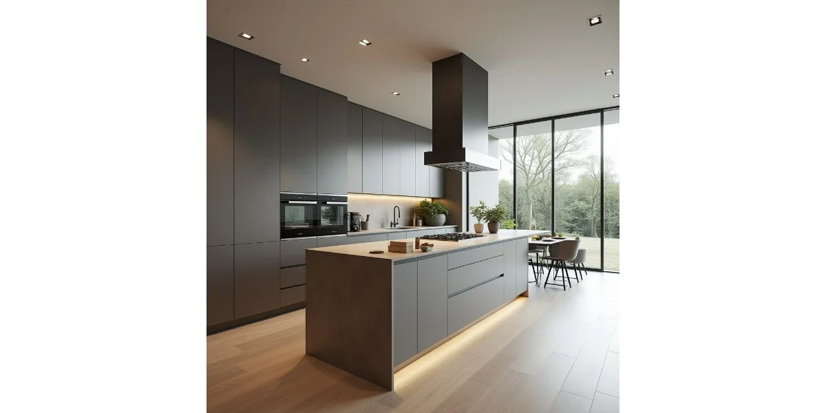 کابینت مدرن همراه با جزیره مشکی بدون دستگیره