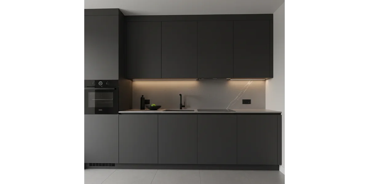  کابینت مات مشکی و چوب در آشپزخانه مدرن