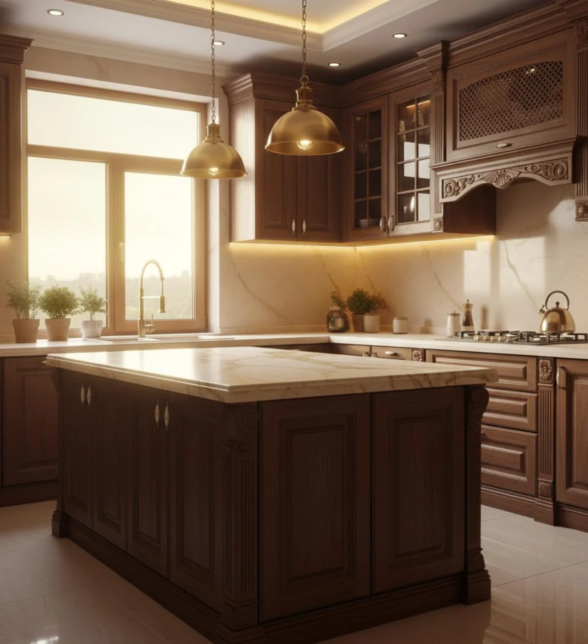 کابینت و جزیره ممبران گردویی تیره با نور طبیعی آشپزخانه