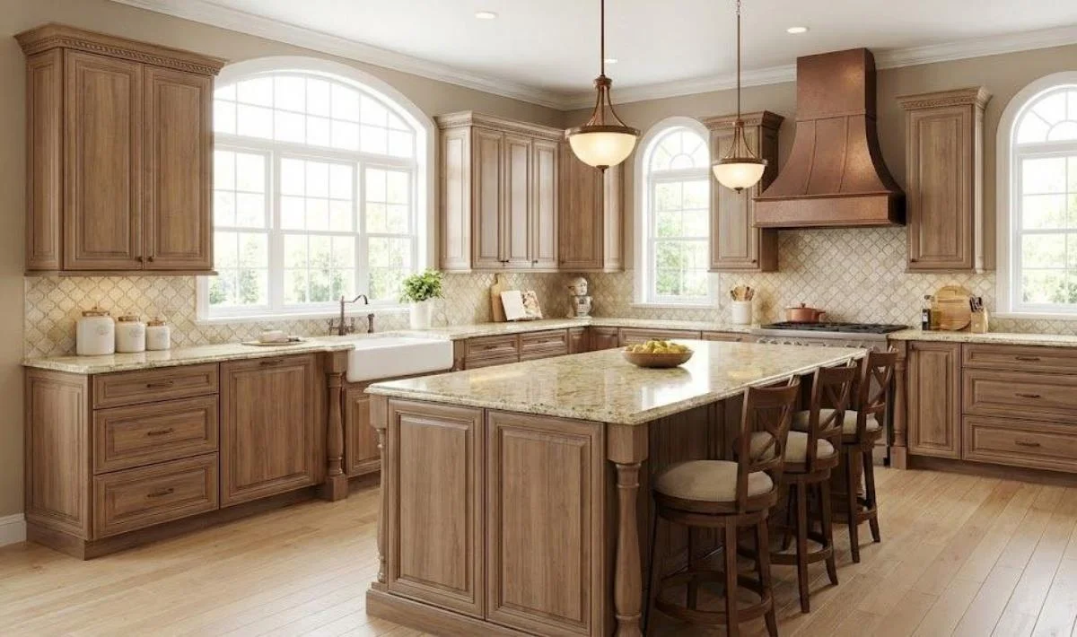 کابینت ممبران گردویی روشن با جزیره و صفحه کرم طلایی